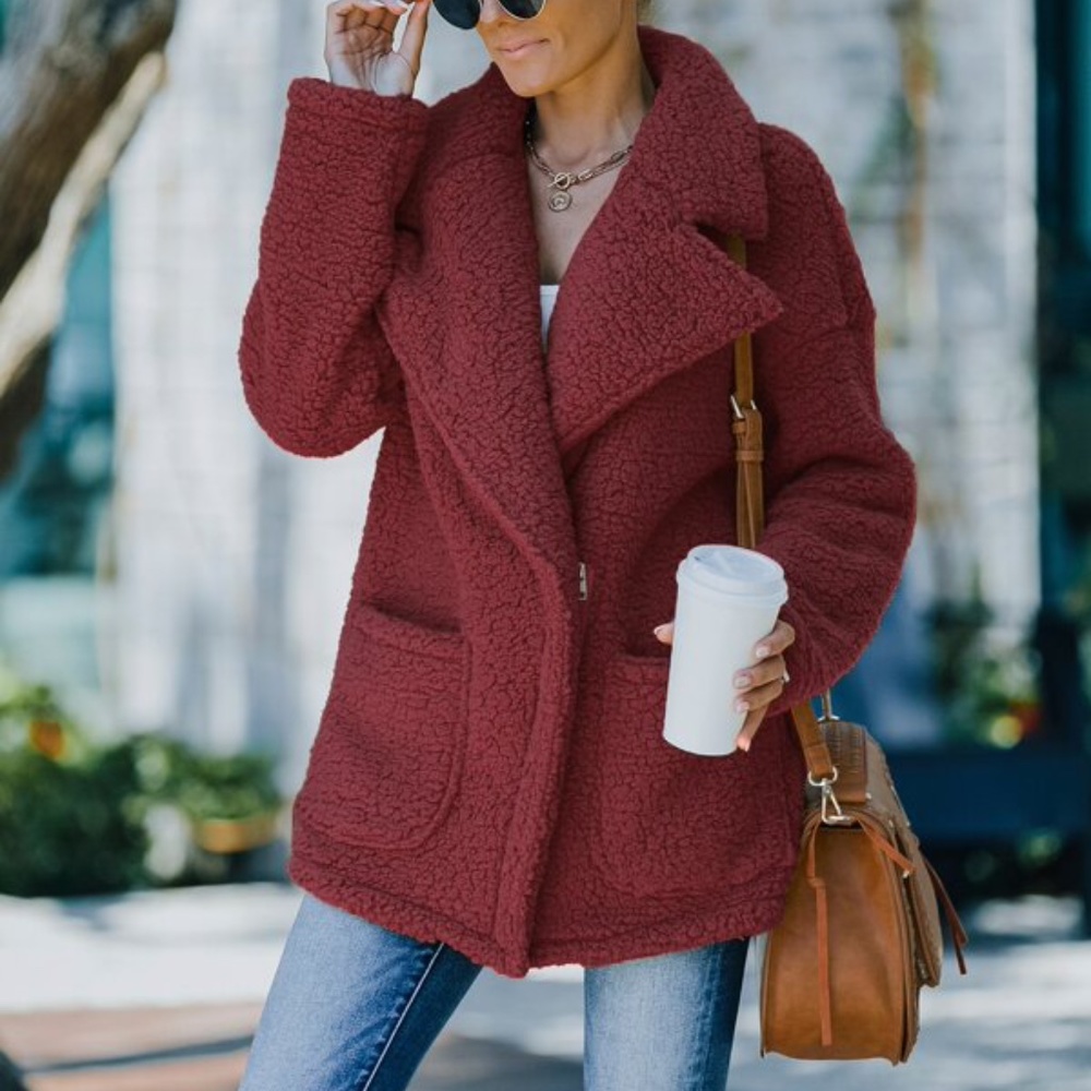 Cozy Brown Wide Collar Teddy Jacket Coat Oversized - Picture 13 of 16
